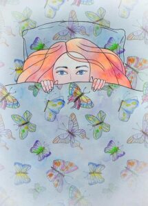 girl, bed, blanket, peep, butterflies, under the blanket, sleep, wake up, cozy, eyes, hair, hide, woman, dream, watercolor, painting, drawing, art, butterfly, pattern, sight, to fall asleep, cosy, blanket, blanket, blanket, blanket, blanket, wake up, wake up, wake up